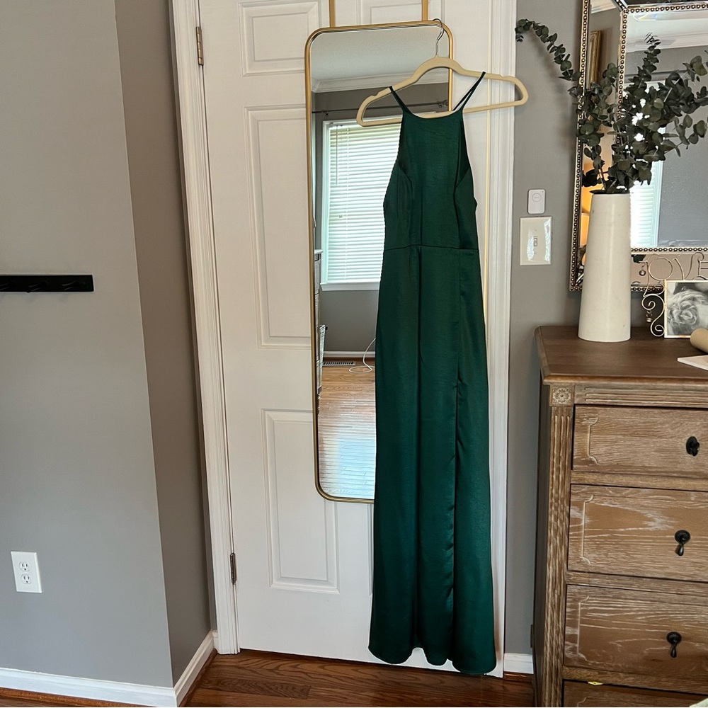 Lulu’s Make it Elegant Emerald Green Satin Strappy Maxi Dress